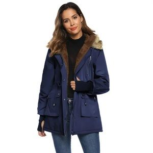 Grace Karin Blue Hooded Fleece Line Warm Faux Fur Jackets with Pockets Medium
